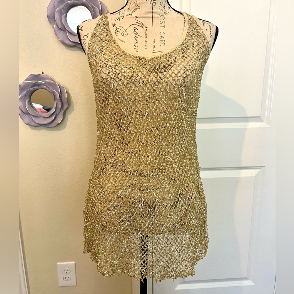 NWT Free People Sequin Gold Fishnet Teddy Top